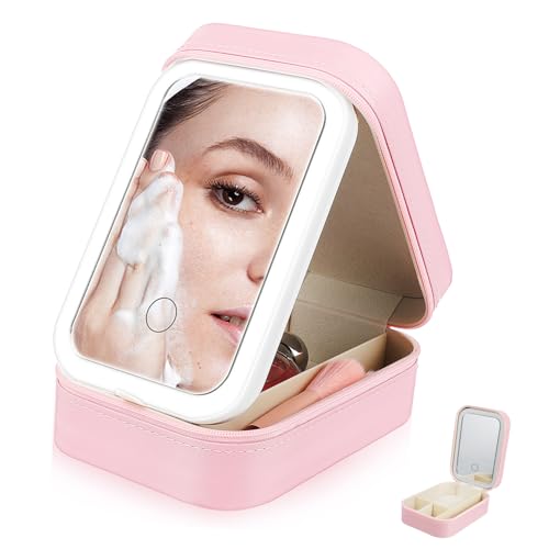 Ipetboom Kosmetiktasche mit LED Spiegel Kleiner Schmink Organizer mit Einstellbarer Beleuchtung Reise Make Up Tasche für Faltbarer Kosmetikspiegel Multifunktionale Kosmetiktasche von Ipetboom