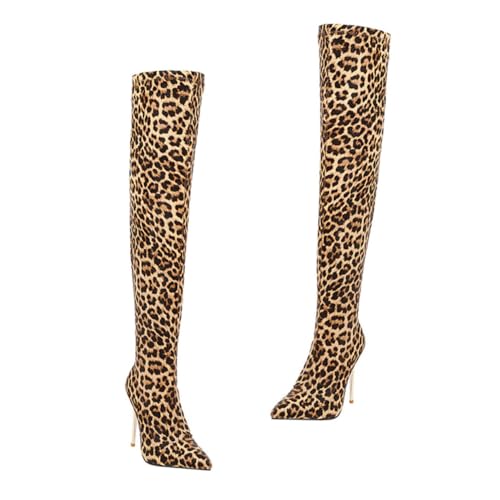 Ipetboom Overknee Stiefel Damen Herbst Winter Kniehohe Langschaft Stiefel mit Dünnem Absatz Rutschfeste Gummisohle Warm und Elegant Leopardenmuster von Ipetboom