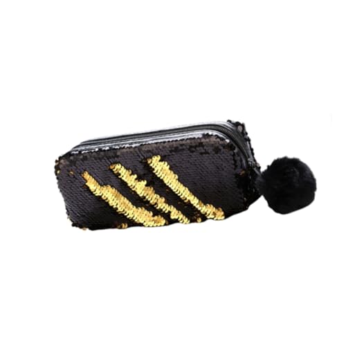 Ipetboom Pailletten Federmäppchen mit Pompon Multifunktionale Kosmetiktasche Damen Wasserabweisend Reißverschlossene Glitter Tasche für Make Up und Stifte Modisches Design Schwarz Gold von Ipetboom