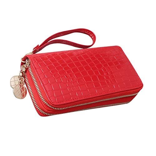 Ipetboom Portable Pu Leder Geldbörse Für Damen Langformat Mit Doppeltem Reißverschluss Großer Stauraum Für Karten Münzen Und Bargeld Rot Für Täglichen Gebrauch von Ipetboom