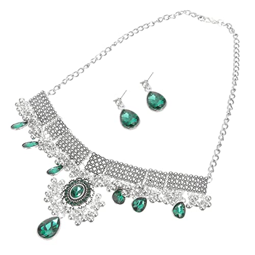 Ipetboom Retro Perlen Schmuckset Damen mit Grünem Wassertröpfchen Anhänger Strass Halskette und Ohrringe Elegantes Party und Festtags Accessoire für Frauen von Ipetboom