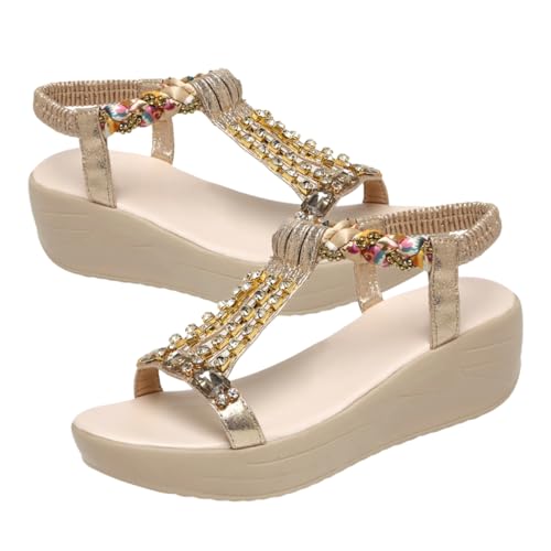 Ipetboom Rhinestone Keilsandalen Damen Sommer Wedges Sandaletten mit Mittlerem Absatz Bequeme Gummisohle Goldfarben für Party Alltag und Strand Damen Sommerschuhe von Ipetboom