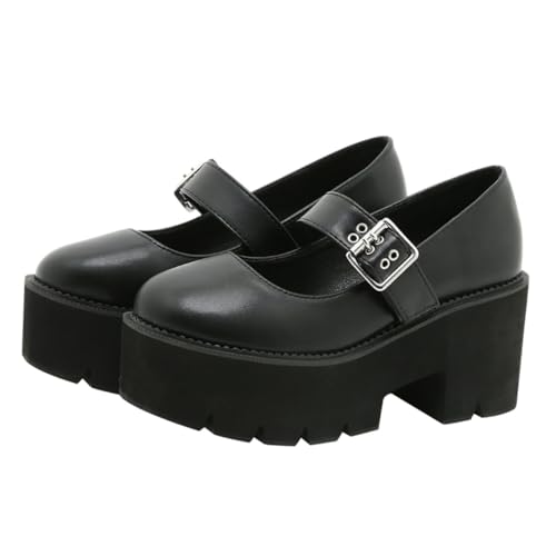 Ipetboom Runde Damen Lederschuhe mit Metallverschluss Outdoor Freizeitschuhe mit Dicker Sohle rutschfest Atmungsaktiv Modisch und Schwarz von Ipetboom