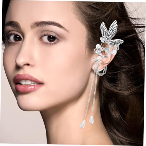 Ipetboom Schmetterling Ohrklemme mit Langen Silberfarbenen Quasten Modische Ohrmanschette für Damen und Teens Einseitig Tragbar Passend für Gepiercte und Ungepiercte Ohren Eleganter von Ipetboom