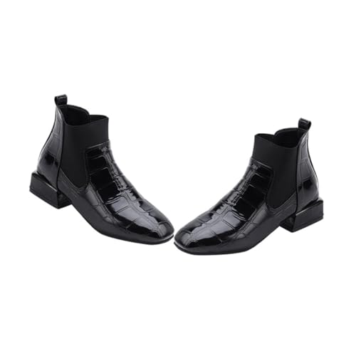 Ipetboom Schwarze Kurzstiefel Damen mit Quadratischer Spitze Dickem Absatz Rutschfestem Kunstleder Komfortable Wasserabweisende Booties für Alltag und Outdoor Modischer Stil von Ipetboom