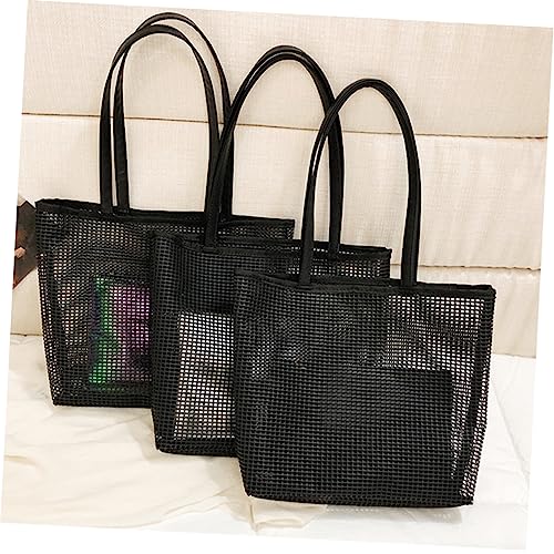 Ipetboom Schwarze Mesh Strandtasche mit Hohlausschnitt Leichte Multifunktionale Umhängetasche und Handtasche mit Kleinem Kosmetikbeutel für Damen und Mädchen für Reisen Shopping und Alltag von Ipetboom
