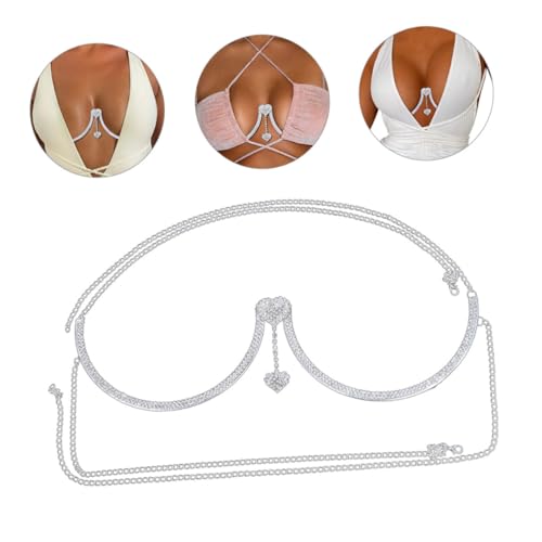 Ipetboom Silberfarbene Körperkette für Frauen mit Herz Strass Anhänger Verstellbare Bustier Schmuck Eleganter Körperschmuck für Festival Nachtclub und Party von Ipetboom