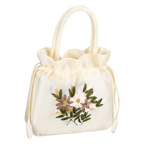 Ipetboom Stilvolle Damen Abendtasche mit Floralem Muster Kleine Handliche Handtasche aus Weißem Seidensatin Praktische Zugband Umhängetasche für Hochzeiten und Festliche Anlässe von Ipetboom