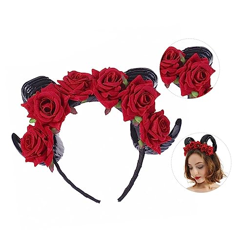 Ipetboom Kunstblumen Horn Stirnband Für Frauen Rote Mit Hörnern Halloween Cosplay Kopfschmuck Eleganter Haarschmuck Für Kostümpartys von Ipetboom