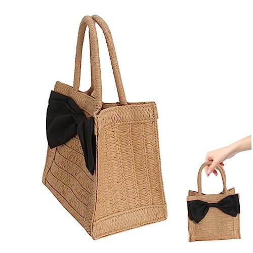 Ipetboom Strandtasche Damen Strohtasche mit Schleifen Design Große Geflochtene Einkaufstasche für Outdoor Strand Urlaub Alltag Braun von Ipetboom