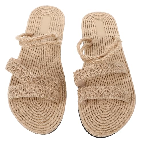 Ipetboom Strapazierfähige Damen Sandalen mit Geflochtenem Bastsohle Flach Atmungsaktiv Vielseitig Kombinierbar für Sommerurlaub Strand und Freizeit Beige von Ipetboom