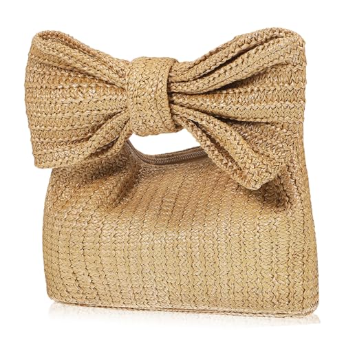 Ipetboom Strohhandtasche Damen mit Schleifen Design Leichte Geräumige Sommer Strand Clutch Natürliche Geflochtene Handtasche Geeignet für Alltag und Freizeit Damen Handtasche von Ipetboom