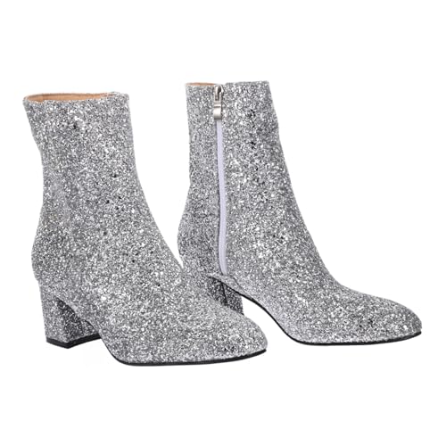 Ipetboom Stylische Damen Stiefeletten mit Spitz Zulaufender Zehenpartie und Funkelnden Pailletten Hoher Absatz Rutschfeste Gummisohle Kurze Ankle Boots für Party Arbeit und Alltag von Ipetboom