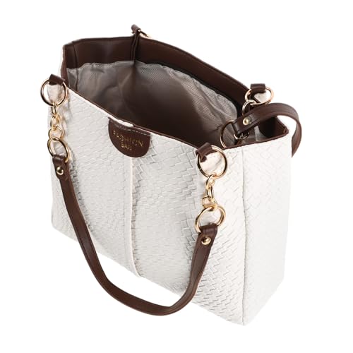 Ipetboom Stylische PU Handtasche mit Gewebtem Muster Leichte Umhängetasche für Sommer Clutch und Strandtasche Geräumige Damen Schultertasche und Robust Weiß Braun von Ipetboom