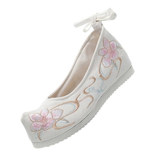 Ipetboom Traditionelle Chinesische Hanfu Schuhe Damen Bestickte Weiße Ethno Slipper mit Dicker Sohle und Schrägem Absatz für Tanz und Alltag von Ipetboom