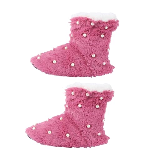 Ipetboom Warme Stilvolle Ankle High Hausschuhe mit Perlenverzierung Rutschfeste Baumwoll Slipper für Damen Weiche Indoor Bodenpantoffeln und Modisch Violettrot von Ipetboom