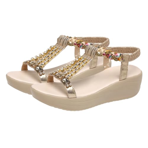 Ipetboom Wedgesandalen Damen Gold Strassabsatz Mittelhoch Slip Sommerschuhe Beachwear Komfortabel Elegant von Ipetboom