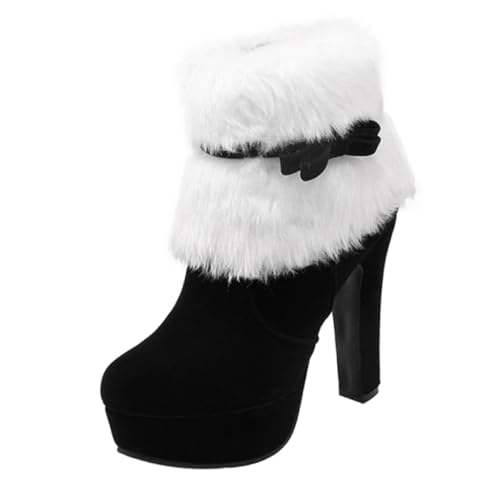Ipetboom Weihnachtliche Damen Kurzstiefel mit Hohem Absatz Rutschfeste Gummisohle Warm Gefüttert Grober Absatz Komfortabel und Sicher für Kalte Wintertage zu Xmas Kleidern und Festlichen von Ipetboom