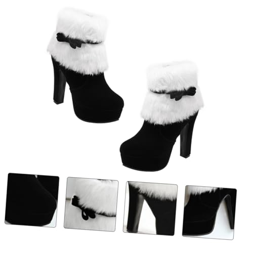 Ipetboom Weihnachtliche Damen Kurzstiefeletten mit Dickem Absatz Warm Gefüttert Plüschbesatz Schleifen Detail Wasserabweisend Modisch für Winter und Festliche Anlässe Schwarz von Ipetboom
