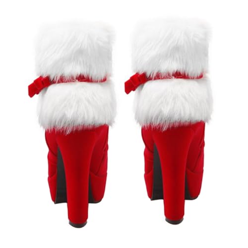 Ipetboom Weihnachtliche Damen Kurzstiefeletten mit Schleife Rutschfeste Gummisohle Hoher Blockabsatz Warm Gefüttert Wasserabweisend Modisch für Winterfest und Alltag Geeignet von Ipetboom