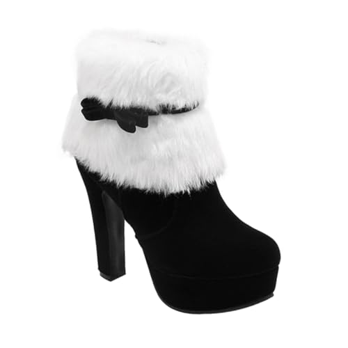 Ipetboom Weihnachtliche Damen Stiefeletten mit Plüschfutter Dicker Absatz und Schleifen Detail Wasserabweisende Kurzstiefel mit Reißverschluss Komfortable Knöchelboots für Winter und von Ipetboom