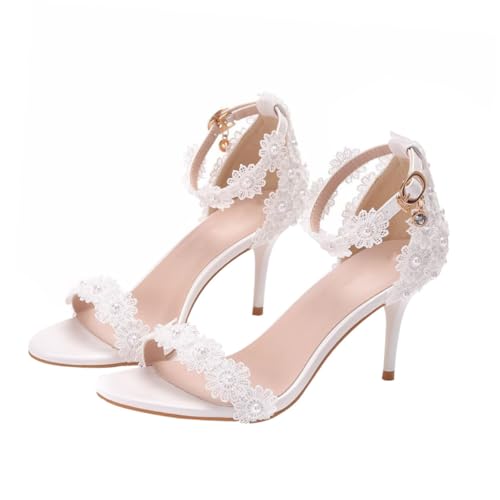 Ipetboom Weiße Damen High Heels Hochzeitsschuhe aus Spitze Absatz Sandaletten mit Stabilem Absatz Damen Sommer Schuhe für Party Abend und Formelle Anlässe Komfortabel und Modisch von Ipetboom