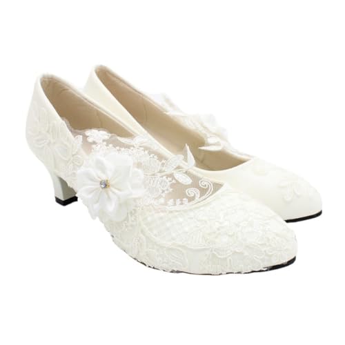 Ipetboom Weiße Damen Hochzeitsschuhe mit Blockabsatz Stilvolle Spitzen Lace Brautschuhe für Party und Formelle Anlässe Komfortabel Leicht und Langlebig für Braut und Hochzeitsgäste von Ipetboom