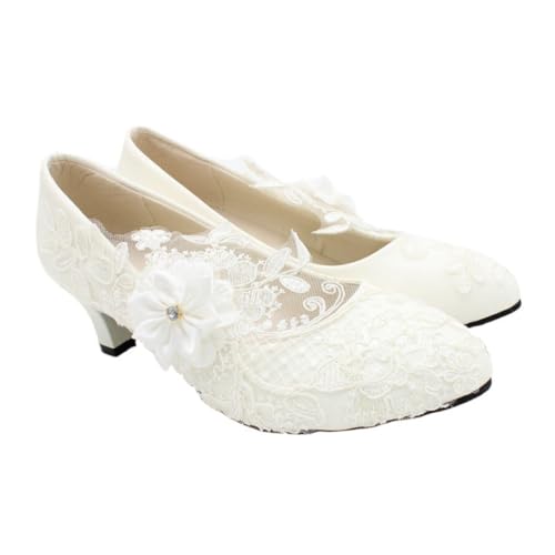 Ipetboom Weiße Spitzen Hochzeitsschuhe Damen mit Mittelhohem Blockabsatz Komfortable Brautschuhe für Party Hochzeit und Festliche Anlässe Stilvolle Spitze Damenschuhe von Ipetboom