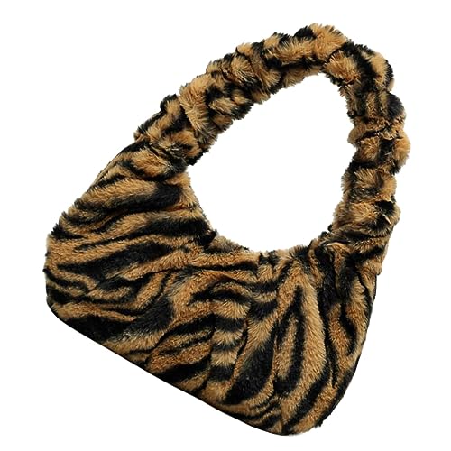 Ipetboom Winter Damen Schultertasche Flauschigem Plüsch Armpit Bag mit Streifenmuster Leichte Handtasche für Alltag und Winter Braune Umhängetasche für Frauen von Ipetboom