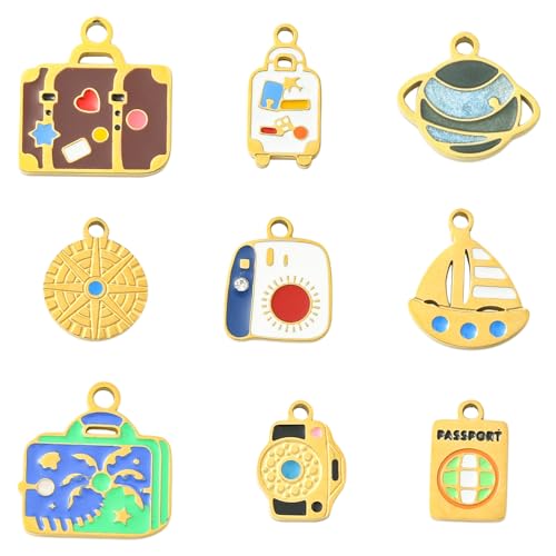 Ipotkitt 9 Stück 9 Stile 304 Edelstahl mit Strass Reise-Emaille Charms Globus Reisepass Kompass Anhänger für DIY Schmuckherstellung Armband Halskette Ohrringe Schlüsselanhänger Handwerk von Ipotkitt