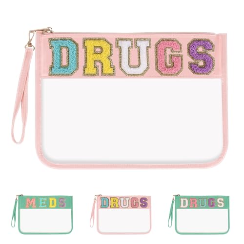 Iqimott Chenille Brief Patch Bag Clear MEDS Drogen Tasche, Preppy Tragbare Kosmetik Make-up Tasche, AB-Rosa-Drogen von Iqimott