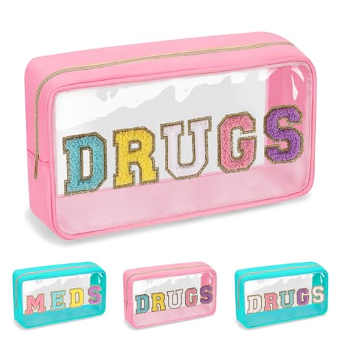 Iqimott Chenille Brief Patch Bag Clear MEDS Drogen Tasche, Preppy Tragbare Kosmetik Make-up Tasche, EF-Pink-Drogen von Iqimott