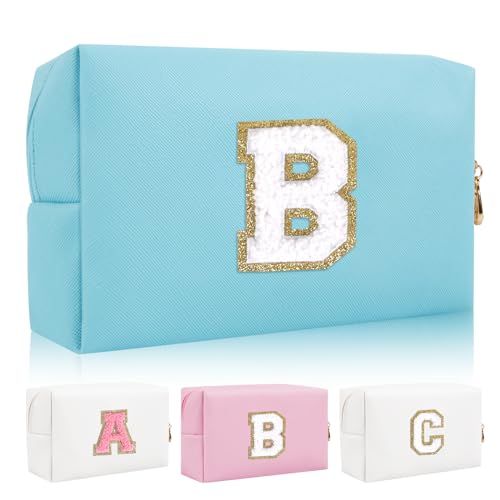 Personalisierte Initiale Brief Patch Make-up Tasche, Adrette Chenille Brief Kosmetiktasche mit Reißverschluss, Blau/Weiß-Buchstabe, B, modisch von Iqimott