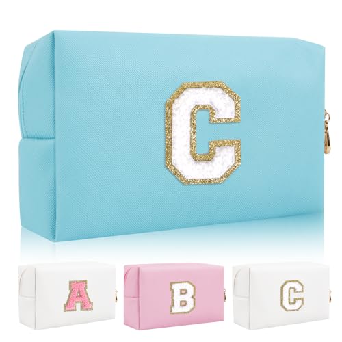 Personalisierte Initiale Brief Patch Make-up Tasche, Adrette Chenille Brief Kosmetiktasche mit Reißverschluss, Blau/Weiß-Buchstabe, C, modisch von Iqimott