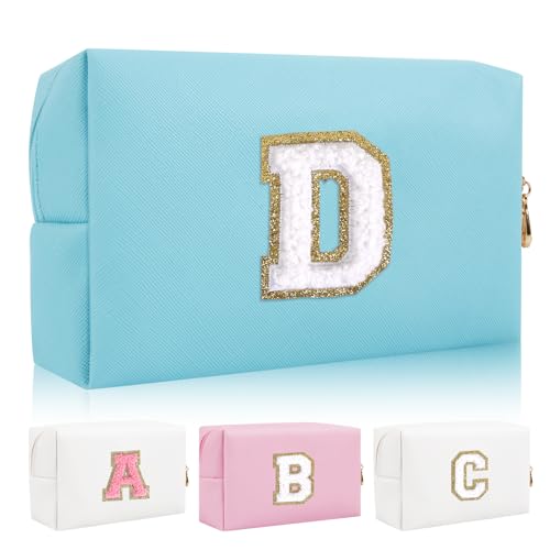 Personalisierte Initiale Brief Patch Make-up Tasche, Adrette Chenille Brief Kosmetiktasche mit Reißverschluss, Blau/Weiß-Buchstabe, D, modisch von Iqimott