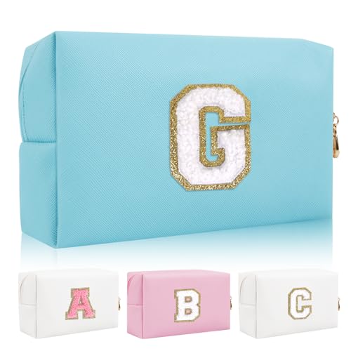 Personalisierte Initiale Brief Patch Make-up Tasche, Adrette Chenille Brief Kosmetiktasche mit Reißverschluss, Blau/Weiß-Buchstabe, G, modisch von Iqimott