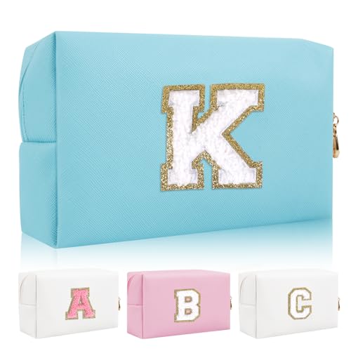 Personalisierte Initiale Brief Patch Make-up Tasche, Adrette Chenille Brief Kosmetiktasche mit Reißverschluss, Blau/Weiß-Buchstabe, K, modisch von Iqimott