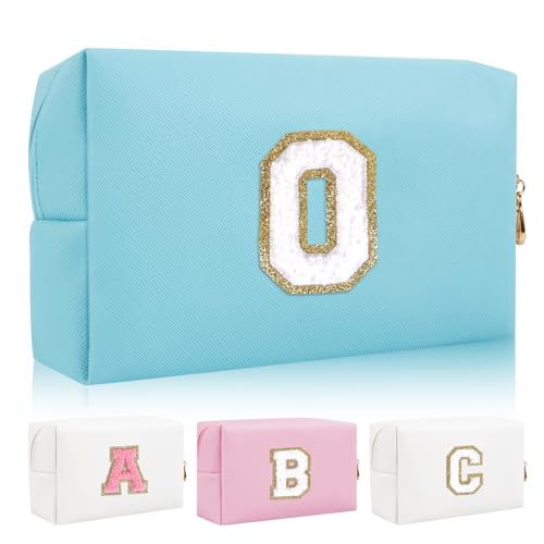 Personalisierte Initiale Brief Patch Make-up Tasche, Adrette Chenille Brief Kosmetiktasche mit Reißverschluss, Blau/Weiß-Buchstabe, O, modisch von Iqimott