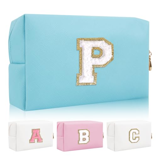 Personalisierte Initiale Brief Patch Make-up Tasche, Adrette Chenille Brief Kosmetiktasche mit Reißverschluss, Blau/Weiß-Buchstabe, P, modisch von Iqimott