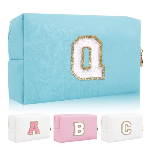 Personalisierte Initiale Brief Patch Make-up Tasche, Adrette Chenille Brief Kosmetiktasche mit Reißverschluss, Blau/Weiß-Buchstabe, Q, modisch von Iqimott