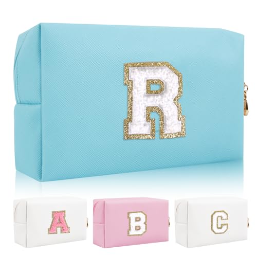 Personalisierte Initiale Brief Patch Make-up Tasche, Adrette Chenille Brief Kosmetiktasche mit Reißverschluss, Blau/Weiß-Buchstabe, R, modisch von Iqimott