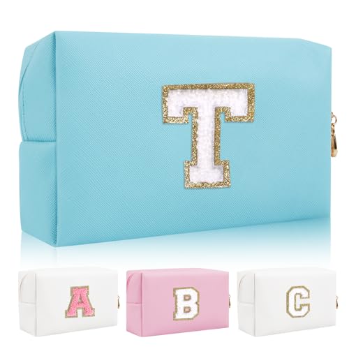 Personalisierte Initiale Brief Patch Make-up Tasche, Adrette Chenille Brief Kosmetiktasche mit Reißverschluss, Blau/Weiß-Buchstabe, T, modisch von Iqimott