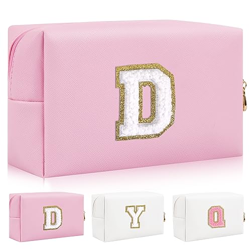 Personalisierte Initiale Brief Patch Make-up Tasche, Adrette Chenille Brief Kosmetiktasche mit Reißverschluss, Rosa/Weiß-Buchstabe, D von Iqimott