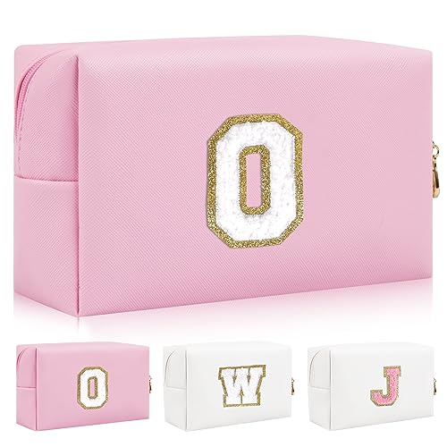 Personalisierte Initiale Brief Patch Make-up Tasche, Adrette Chenille Brief Kosmetiktasche mit Reißverschluss, Rosa/Weiß-Buchstabe, O von Iqimott