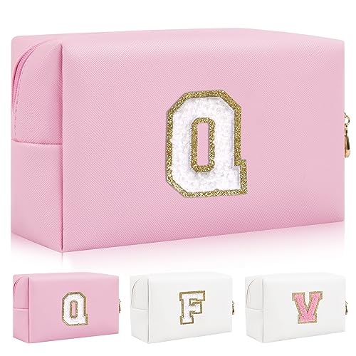 Personalisierte Initiale Brief Patch Make-up Tasche, Adrette Chenille Brief Kosmetiktasche mit Reißverschluss, Rosa/Weiß-Buchstabe, Q von Iqimott