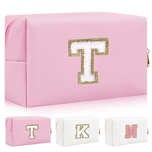 Personalisierte Initiale Brief Patch Make-up Tasche, Adrette Chenille Brief Kosmetiktasche mit Reißverschluss, Rosa/Weiß-Buchstabe, T von Iqimott