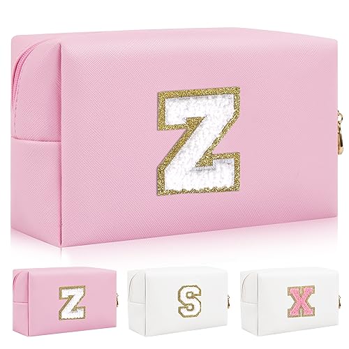 Personalisierte Initiale Brief Patch Make-up Tasche, Adrette Chenille Brief Kosmetiktasche mit Reißverschluss, Rosa/Weiß-Buchstabe, Z von Iqimott