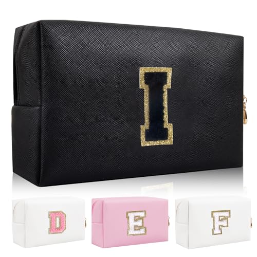 Personalisierte Initiale Brief Patch Make-up Tasche, Adrette Chenille Brief Kosmetiktasche mit Reißverschluss, Schwarz/Schwarz-Buchstabe, I, modisch von Iqimott