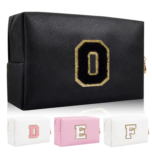 Personalisierte Initiale Brief Patch Make-up Tasche, Adrette Chenille Brief Kosmetiktasche mit Reißverschluss, Schwarz/Schwarz-Buchstabe, O, modisch von Iqimott