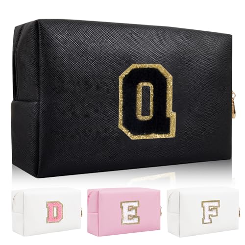 Personalisierte Initiale Brief Patch Make-up Tasche, Adrette Chenille Brief Kosmetiktasche mit Reißverschluss, Schwarz/Schwarz-Buchstabe, Q, modisch von Iqimott